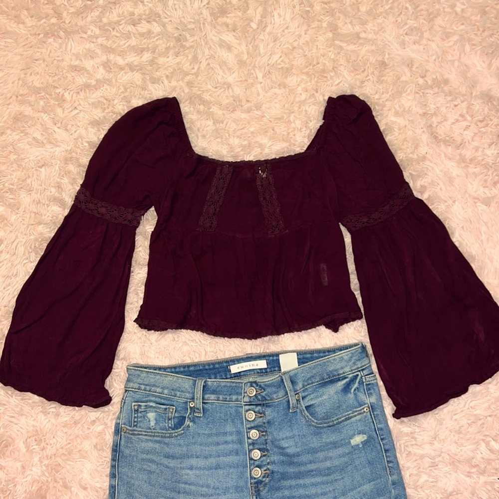 Altar’d State Maroon Peplum Crop Top with Flare Sleeves